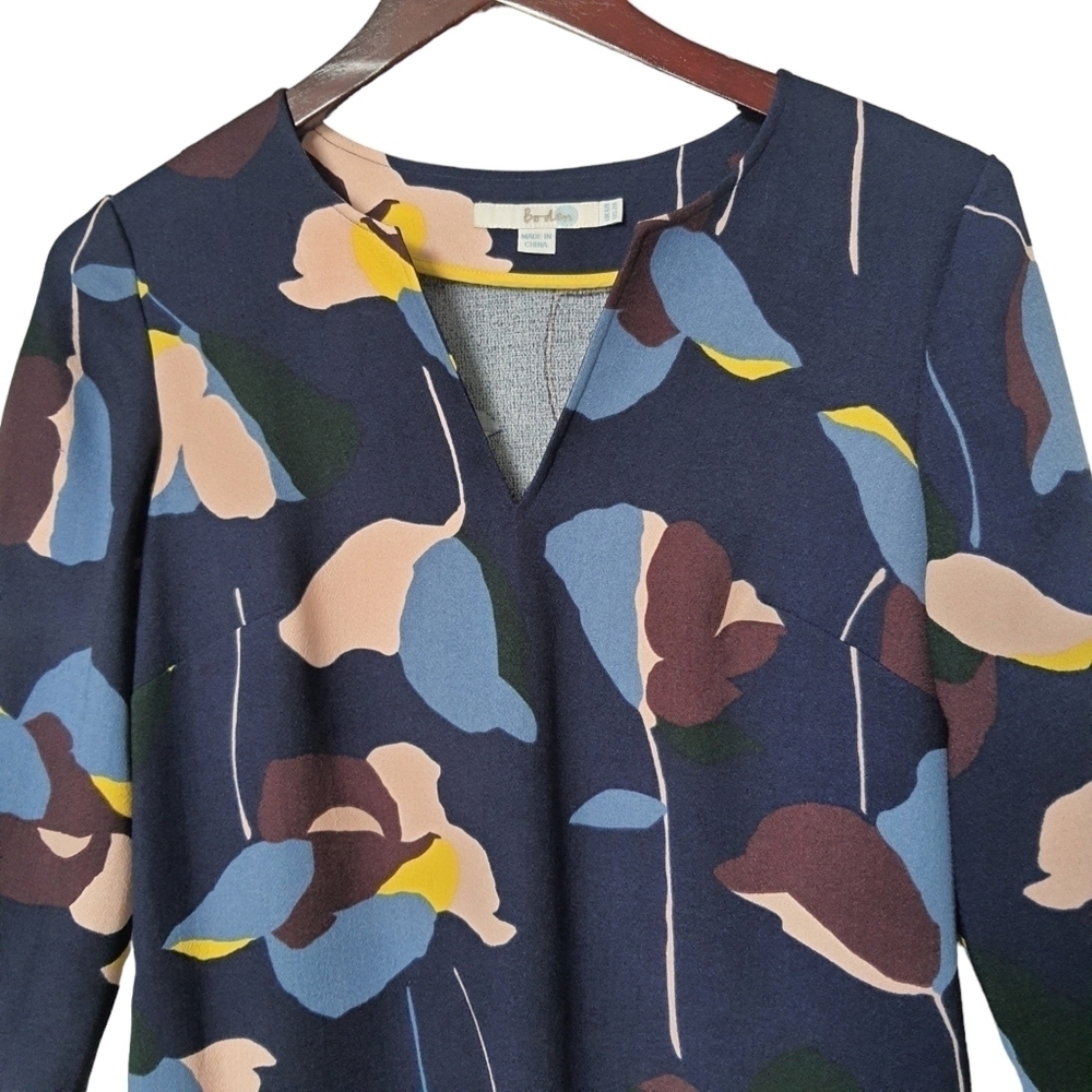 Boden Navy Floral Long 3/4 Sleeve Mini Dress Pockets Split V-neck Size 2R - Picture 3 of 14